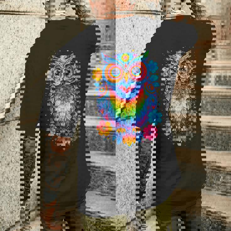 フクロウと花 カラフルなアートワーク フクロウの恋人 メンズTシャツ バックプリント 彼への贈り物