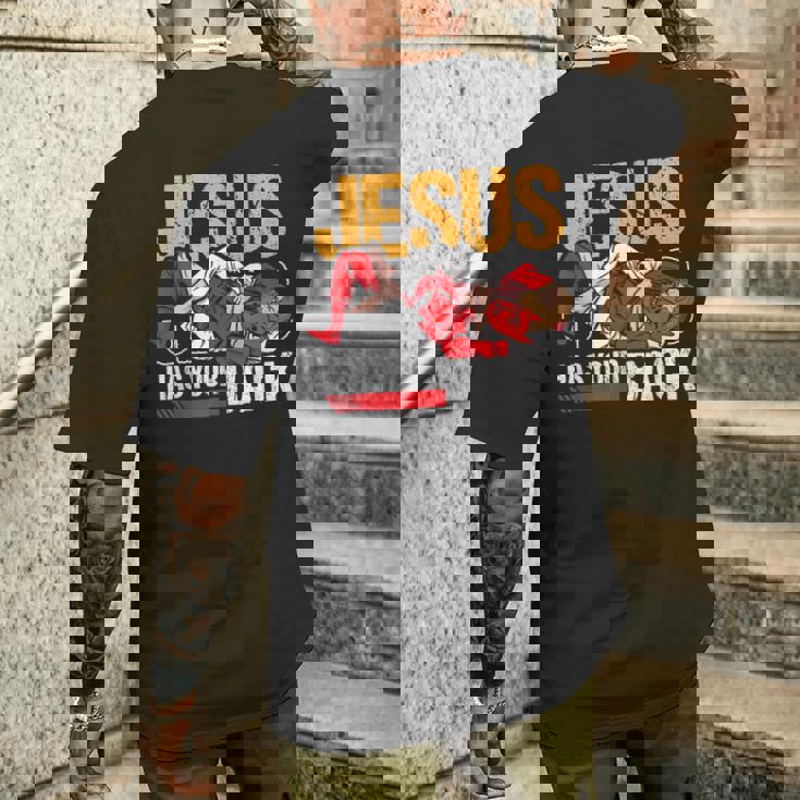 ブラジリアン柔術 ジーザス・ハズ・ユア・バック 面白いクリスチャンbjj メンズTシャツ バックプリント 彼への贈り物