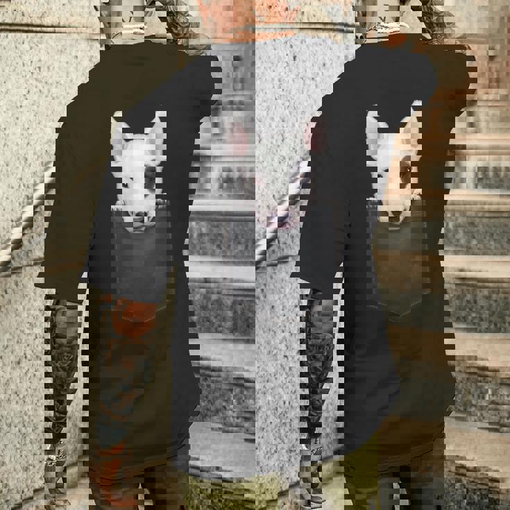 ブルテリア 胸ポケットにブラックアイパッチ付き メンズTシャツ バックプリント 彼への贈り物