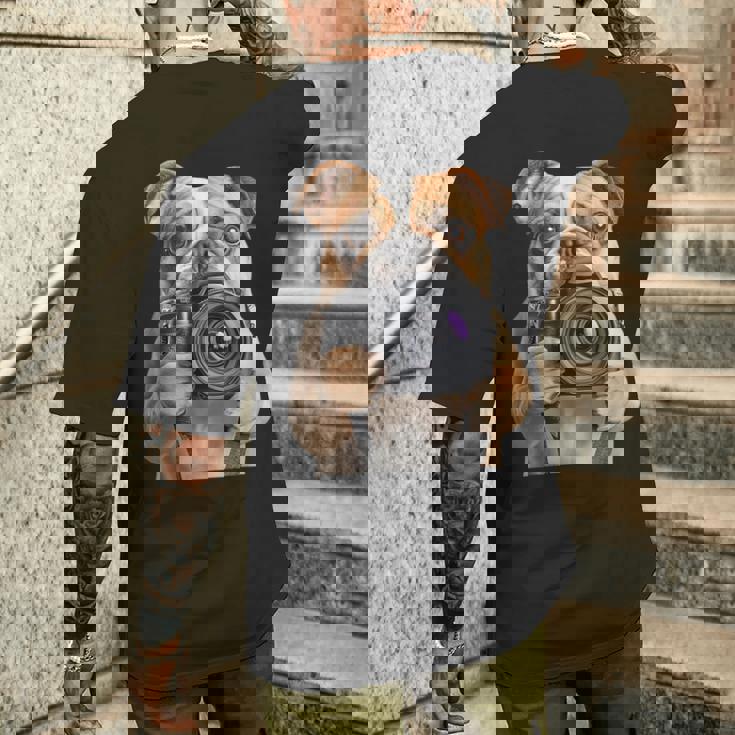 ブルドッグ 写真家 写真カメラ メンズTシャツ バックプリント 彼への贈り物