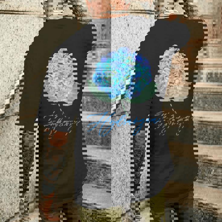 ブルーパープルアジサイフラワーレトロガーデナーアート メンズTシャツ バックプリント 彼への贈り物