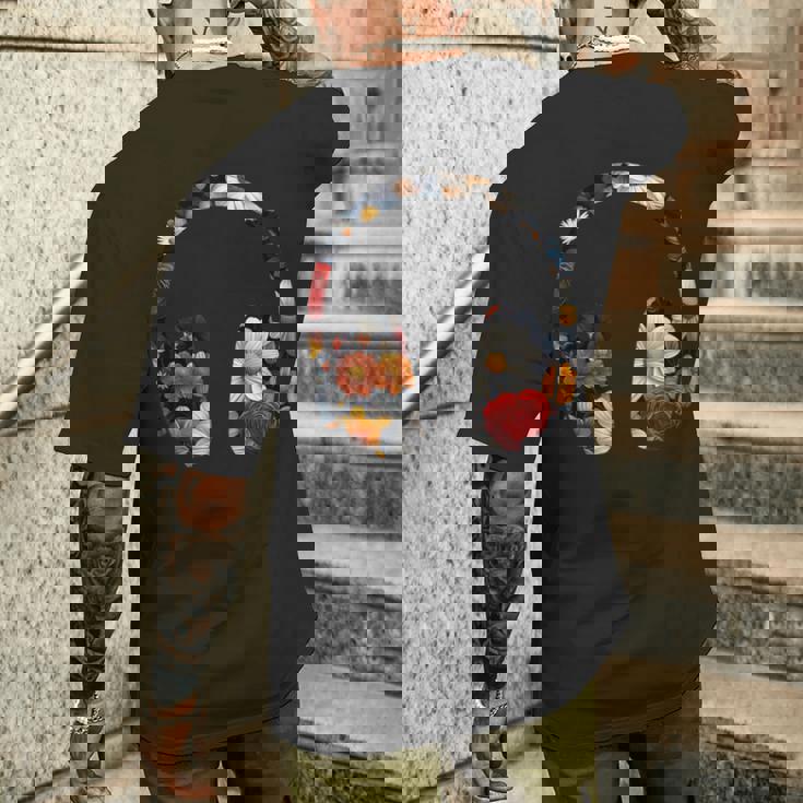 ヘッドフォンのシルエット 花柄 ボタニカル・フラワー メンズTシャツ バックプリント 彼への贈り物