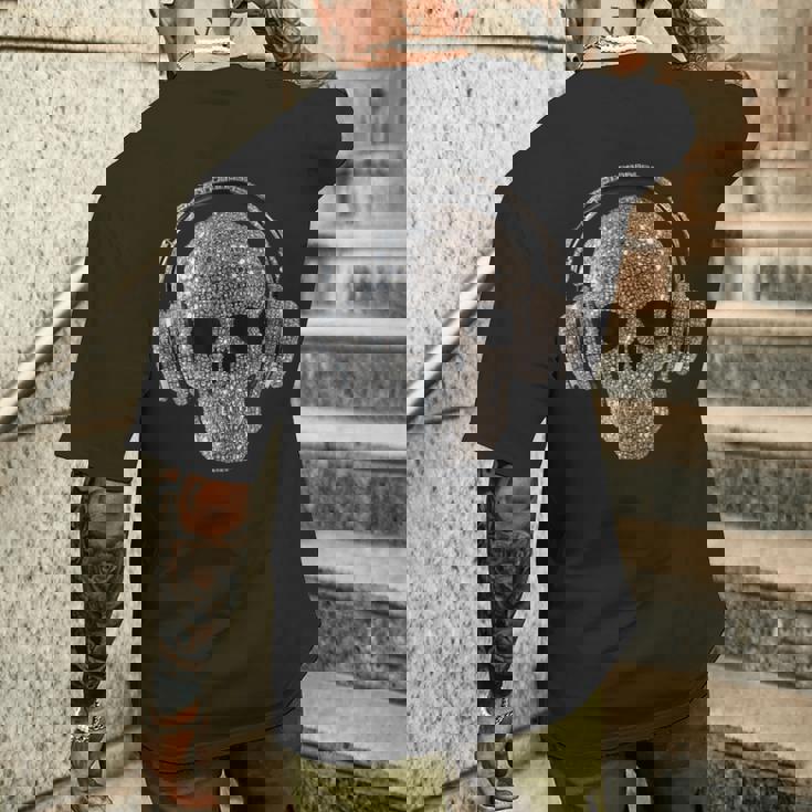 ヘッドフォン付きキラキラドクロ Dj音楽愛好家 メンズTシャツ バックプリント 彼への贈り物