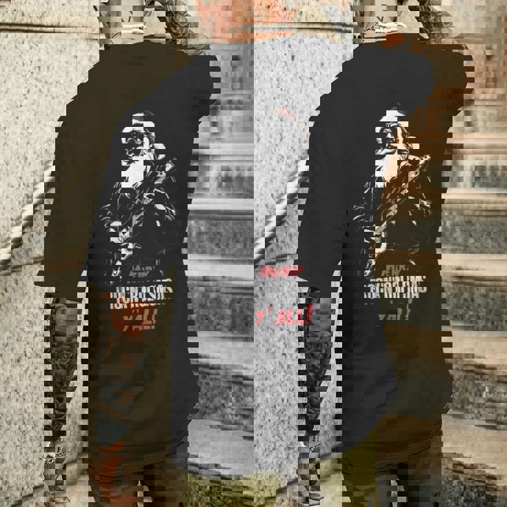 ヘヴィメタルのクリスマス、ギターを弾くサンタ メンズTシャツ バックプリント 彼への贈り物