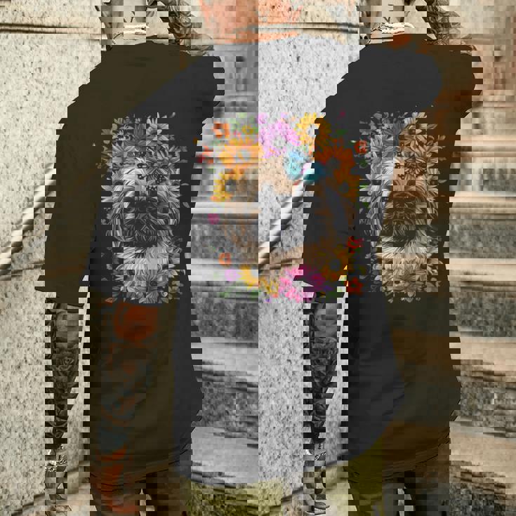 ペキニーズ犬 キュート 花柄 ひまわり コテージコア ママ お父さん メンズTシャツ バックプリント 彼への贈り物