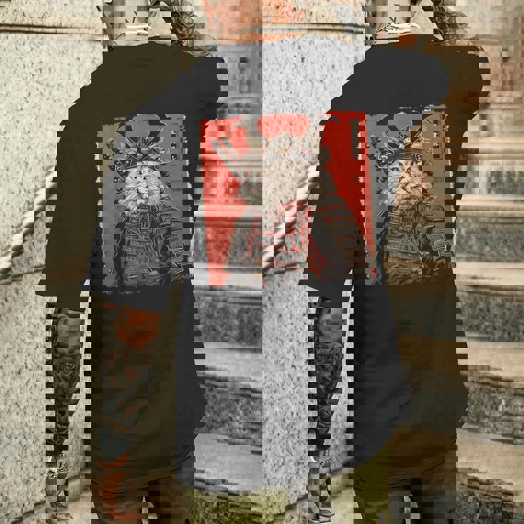 ペルシャ猫 日本美術 サムライ 浮世絵 ヴィンテージ メンズTシャツ バックプリント 彼への贈り物