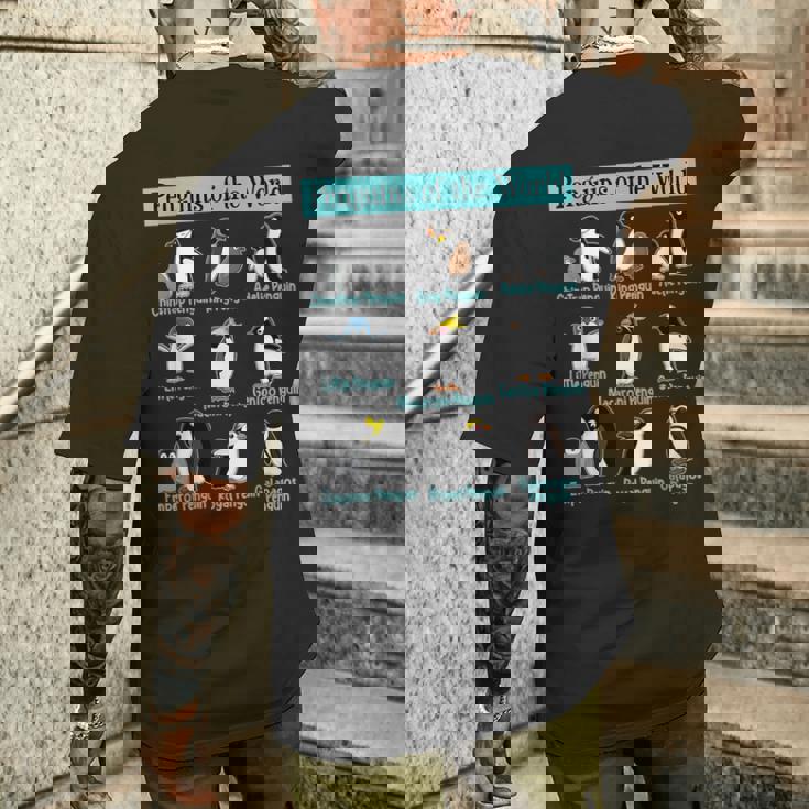 ペンギンの種類 ペンギン好き 野生動物 北極 シーバードファン メンズTシャツ バックプリント 彼への贈り物