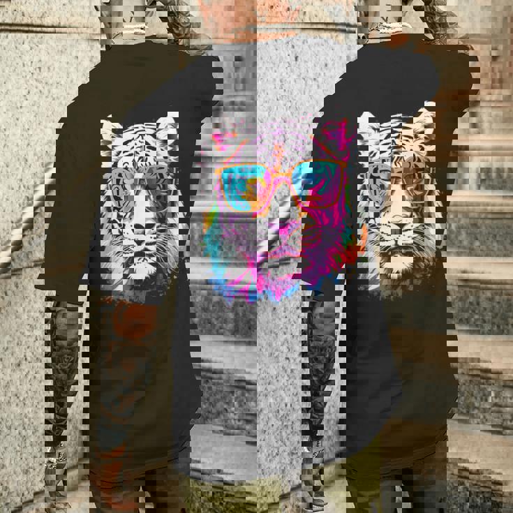 ホワイトタイガー サングラス カラフル アート 動物 虎 メンズTシャツ バックプリント 彼への贈り物