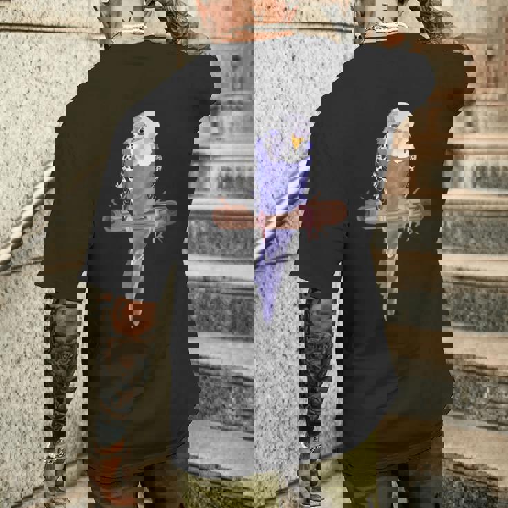 ホワイトパープルセキセイインコエキゾチックペットアニマルモチーフ鳥 メンズTシャツ バックプリント 彼への贈り物