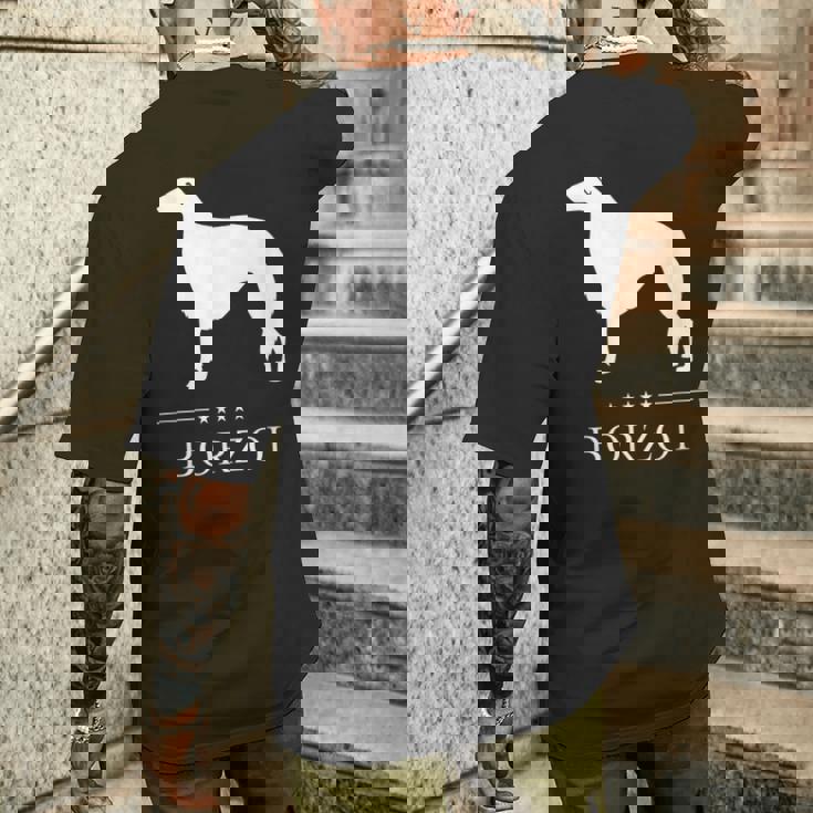 ボルゾイ犬の白いシルエット メンズTシャツ バックプリント 彼への贈り物