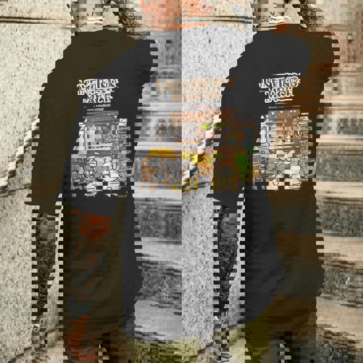 ボンレス犬とボンレス猫 キッチンカーロゴ付 ダークカラー メンズTシャツ バックプリント 彼への贈り物