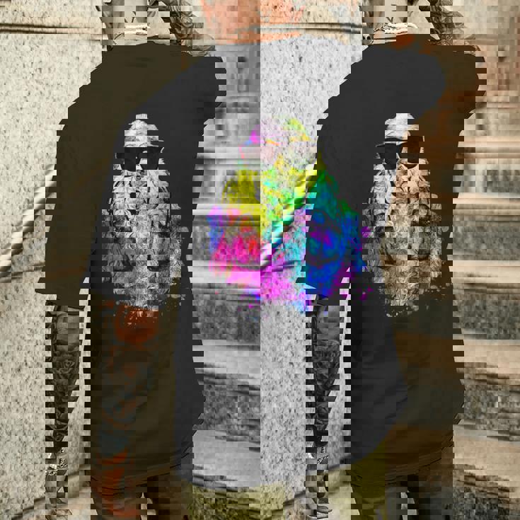 ポップアート アメリカンコッカー スパニエル 犬のポートレート ヘッドフォン付き メンズTシャツ バックプリント 彼への贈り物