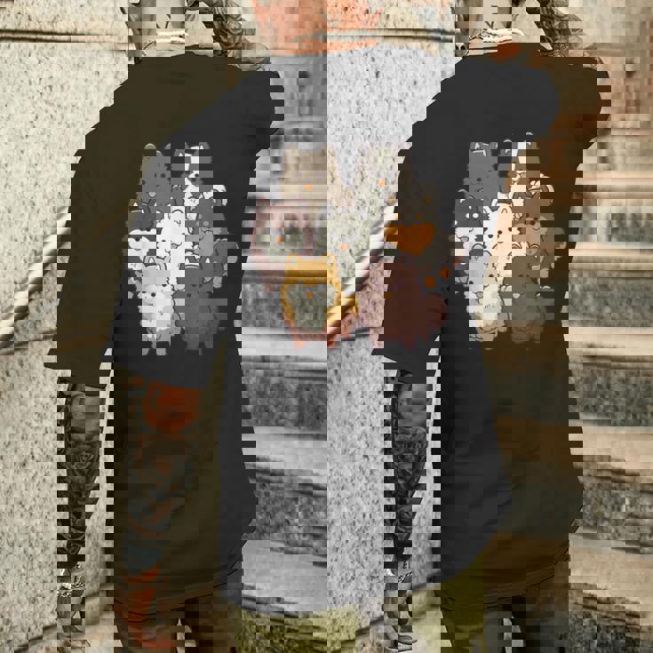 ポメラニアン ドッグ グループ かわいい ペット ブラック ホワイト チョコレート ポンポン メンズTシャツ バックプリント 彼への贈り物