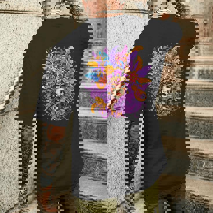 マルディグラ フェザー パープル マスク グリーン ニューオーリンズ メンズTシャツ バックプリント 彼への贈り物