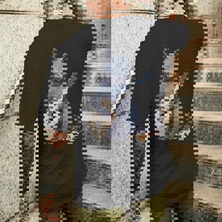 ミュージシャン ロシアンブルー猫 ギタリスト 猫とギター メンズTシャツ バックプリント 彼への贈り物