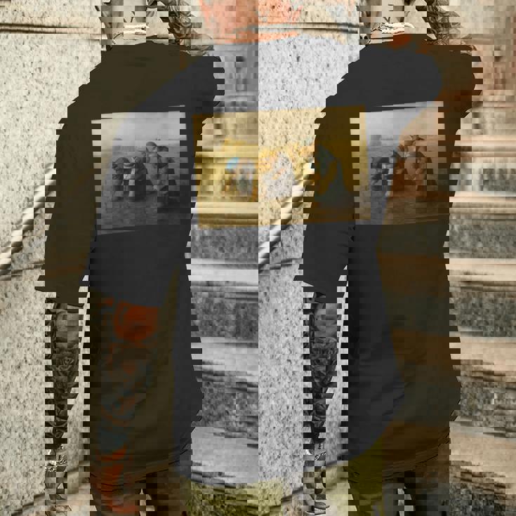 ミレー風アート猫の田植え 農作業をする三匹の猫たち メンズTシャツ バックプリント 彼への贈り物