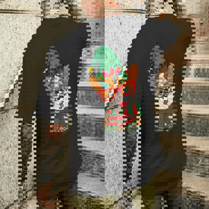 メリークリスマス かわいいオタクウェールズコーギー エルフの帽子とスカーフ付き メンズTシャツ バックプリント 彼への贈り物