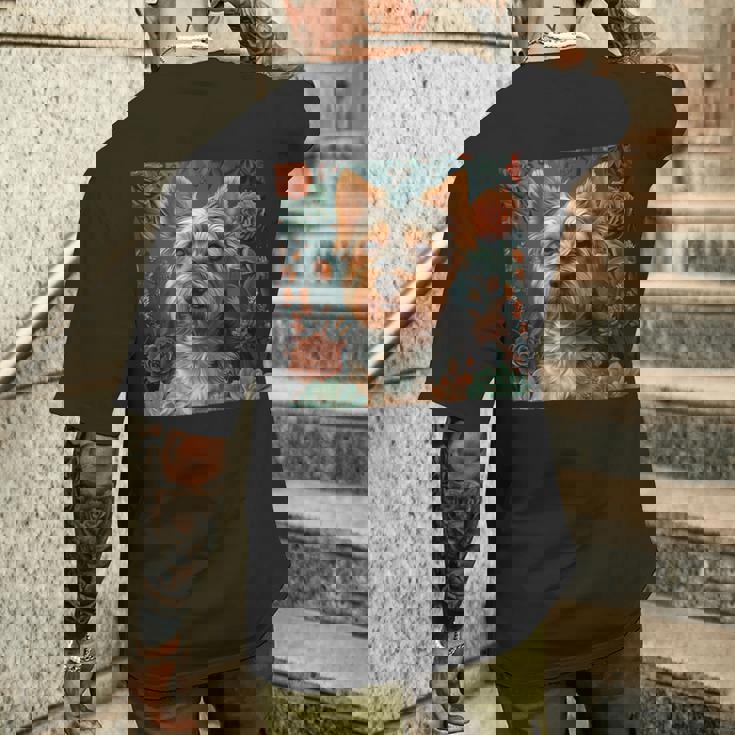 ヨークシャーテリア、ボーホースタイルのグラフィックの周りに多肉植物が描かれています。 メンズTシャツ バックプリント 彼への贈り物