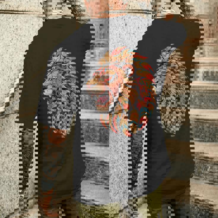 ライオン インディアン 部族 アート ネイティブアメリカン メンズTシャツ バックプリント 彼への贈り物