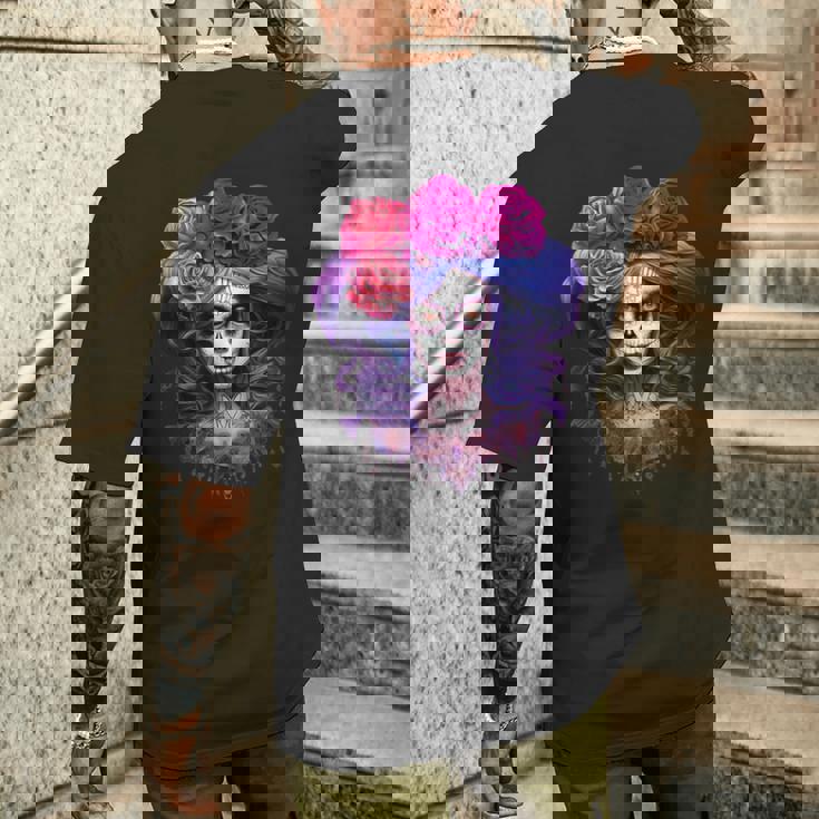 ラ・カトリーナ、ディア・デ・ロス・ムエルトス メキシコの死者の日 メンズTシャツ バックプリント 彼への贈り物