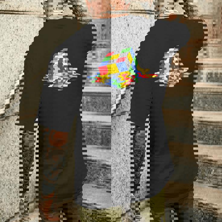 ルービックキューブパズル 溶けるクールなグラフィックデザイン メンズTシャツ バックプリント 彼への贈り物