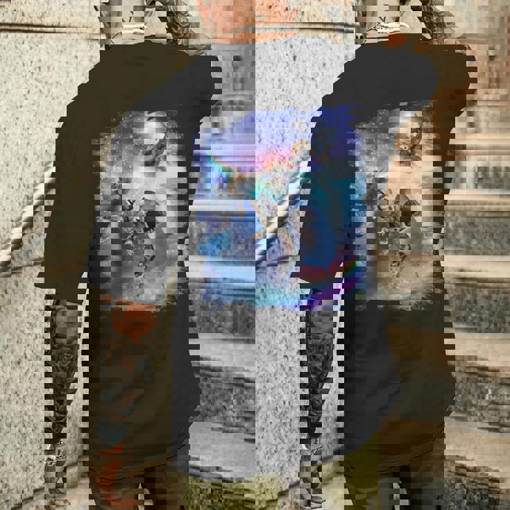 レインボーギャラクシー 宇宙に乗るサメに乗る猫 メンズTシャツ バックプリント 彼への贈り物