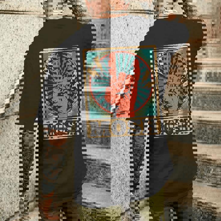 レトロなヴィンテージサインオブザホーンモッシュヘビーロックミュージック メンズTシャツ バックプリント 彼への贈り物