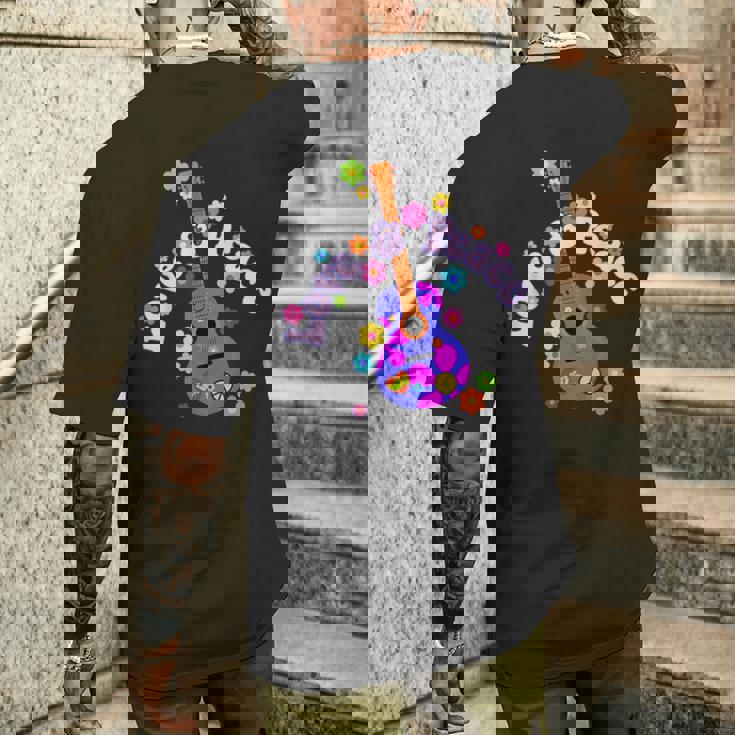 レトロフラワーパワーギター-ラブアンドピース2-ファンファン メンズTシャツ バックプリント 彼への贈り物