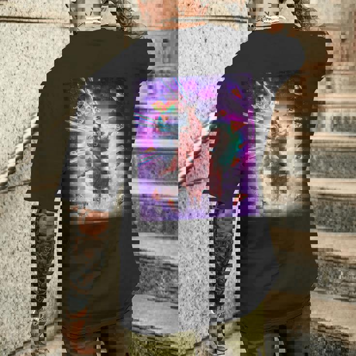 レーザーアイズスペースキャットライディングナマケモノ、ラマ-レインボー メンズTシャツ バックプリント 彼への贈り物