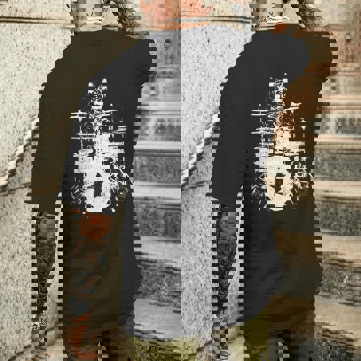 ロックスター ドラマー 猫 ドラム演奏 ミュージシャン バンド 音楽好き メンズTシャツ バックプリント 彼への贈り物