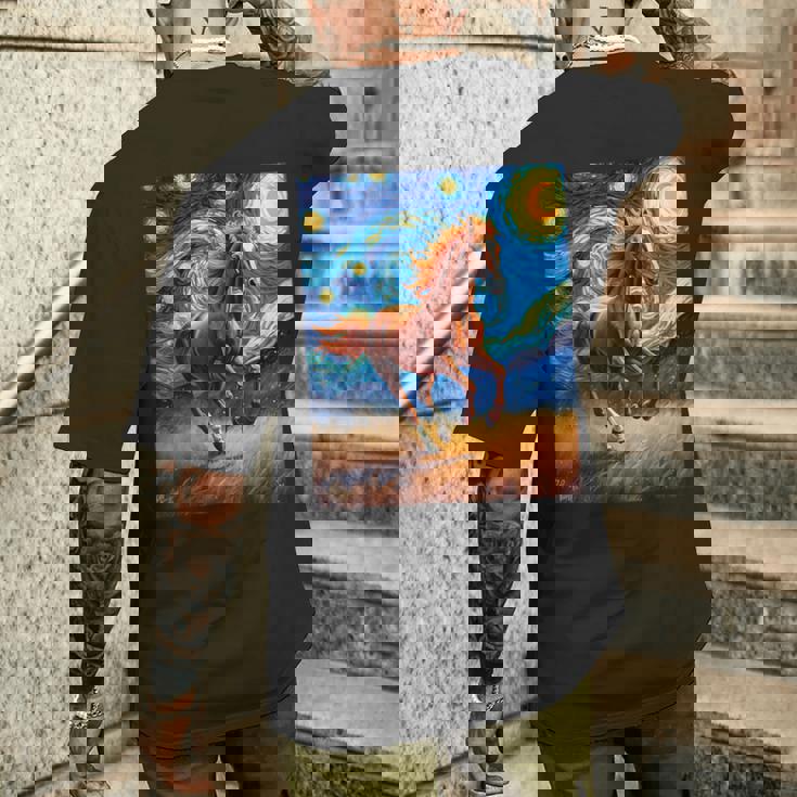 ヴァンゴッホの星空の夜ワイルドホースマスタングアニマル愛好家 メンズTシャツ バックプリント 彼への贈り物