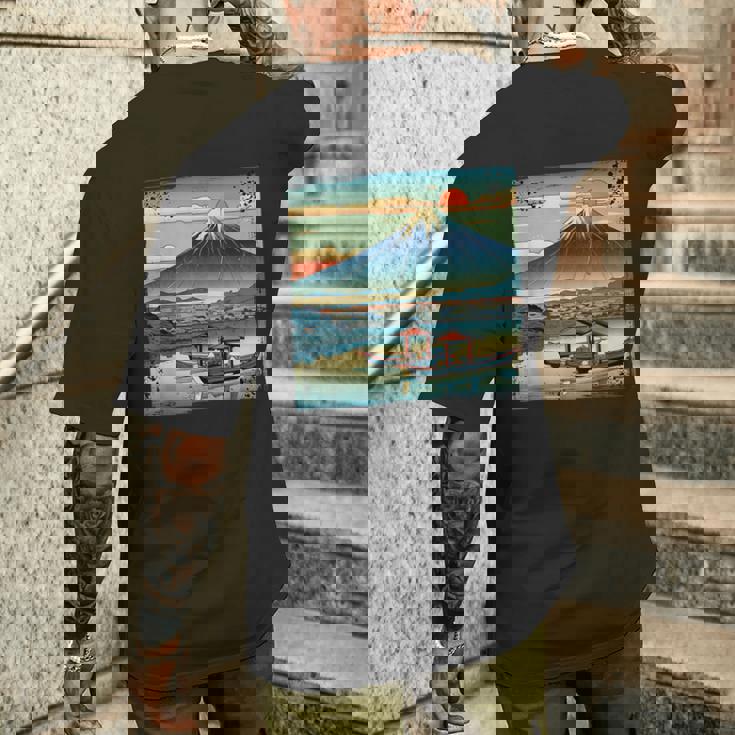 ヴィンテージ 日本の富士山 山に昇る太陽 メンズTシャツ バックプリント 彼への贈り物