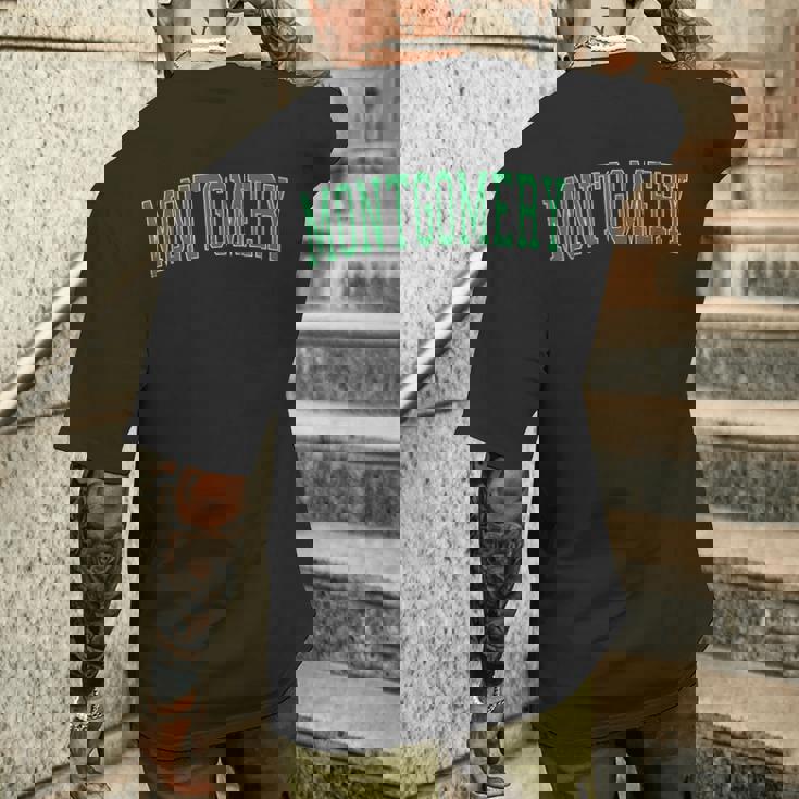 ヴィンテージモンゴメリーilアンティーク調グリーンバーシティスタイル メンズTシャツ バックプリント 彼への贈り物