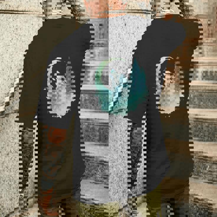 三日月の下で遠吠えするオオカミ 野生動物 メンズTシャツ バックプリント 彼への贈り物