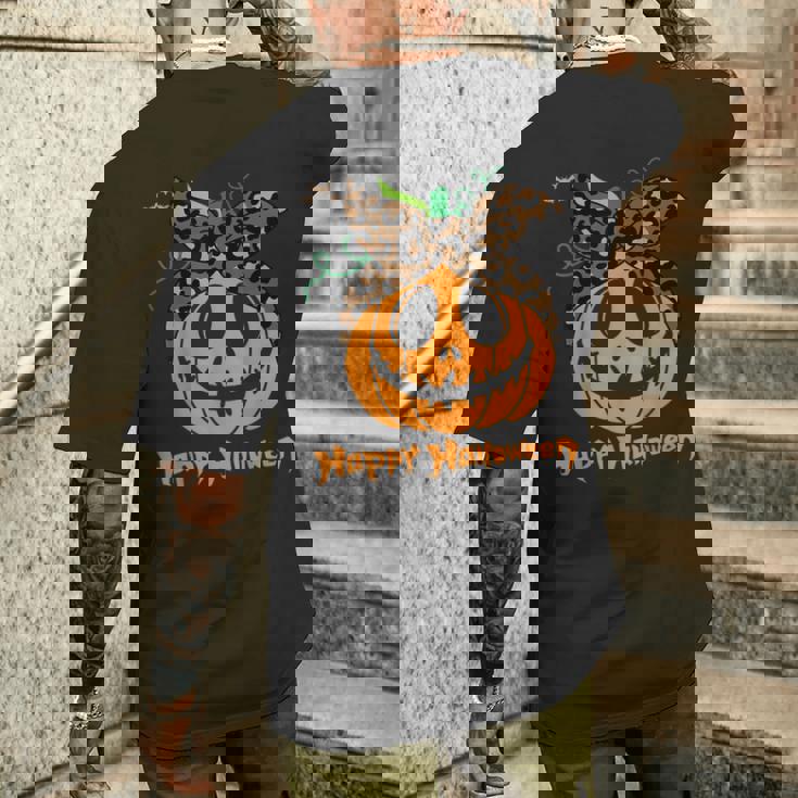 不気味なカボチャ ヒョウ柄 乱雑なお団子 ハロウィン 面白い メンズTシャツ バックプリント 彼への贈り物