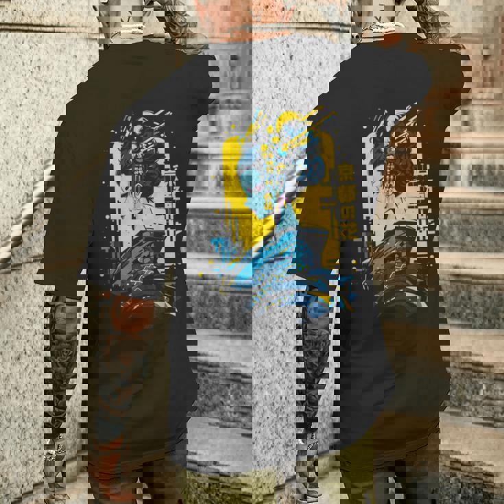 京の花、芸者イラスト サイバーパンク風 メンズTシャツ バックプリント 彼への贈り物