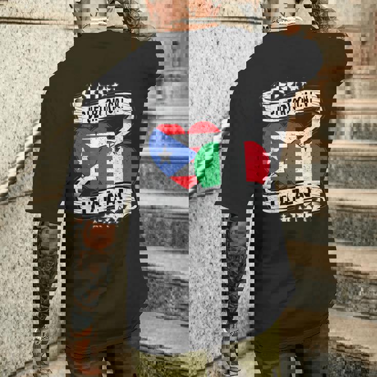 半分イタリア半分プエルトリコの国旗 ハート イタリア プエルトリコ メンズTシャツ バックプリント 彼への贈り物