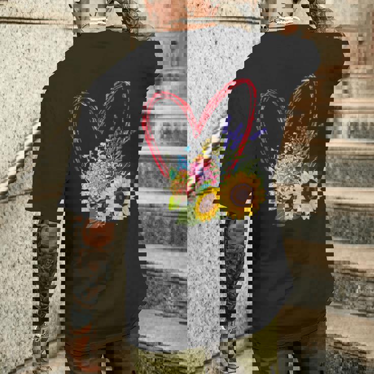 夏の花のデザイン、ひまわり、ラベンダー、アジサイ メンズTシャツ バックプリント 彼への贈り物