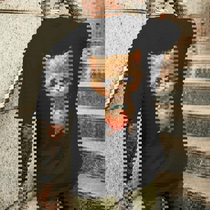 子猫、茶トラ、かわいい、おもしろい、癒し、ビーチ、ボール、砂浜、夏、海、ビーチボール、可愛い メンズTシャツ バックプリント 彼への贈り物