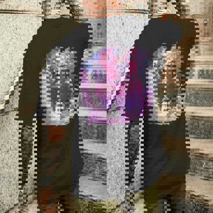 宇宙で虹色のラマに乗る子猫 メンズTシャツ バックプリント 彼への贈り物