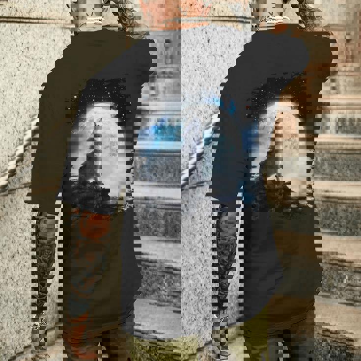 宇宙空間 オオカミ 月に遠吠えするオオカミ メンズTシャツ バックプリント 彼への贈り物