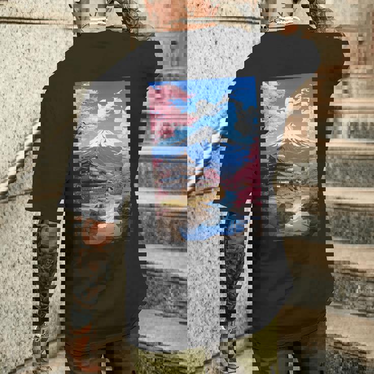 寺と富士山のある日本の風景 メンズTシャツ バックプリント 彼への贈り物