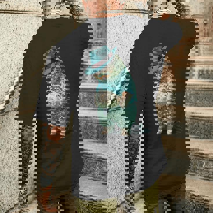 帽子をかぶった面白い太った猫 Ia アート デザイン太った子猫猫愛好家 メンズTシャツ バックプリント 彼への贈り物