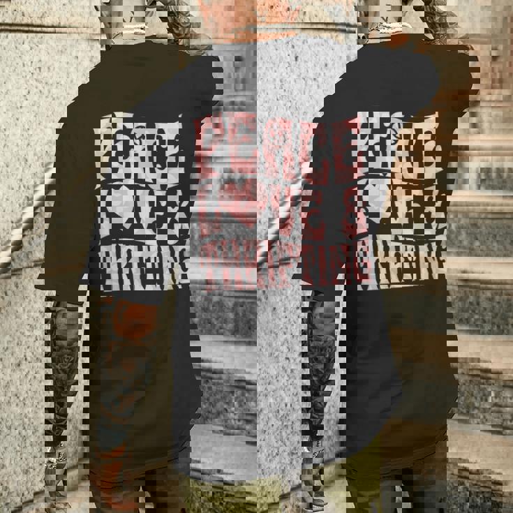 平和の愛と倹約心と平和のシンボル。 メンズTシャツ バックプリント 彼への贈り物