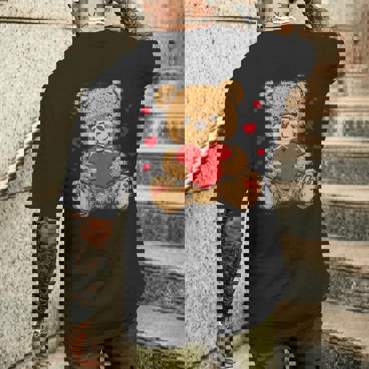 愛らしいハート付きテディベア ラブぬいぐるみ メンズTシャツ バックプリント 彼への贈り物