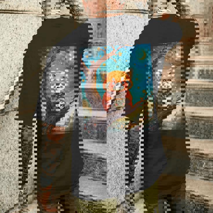 愛らしいレッサーパンダとティーカップの星月夜イラスト メンズTシャツ バックプリント 彼への贈り物