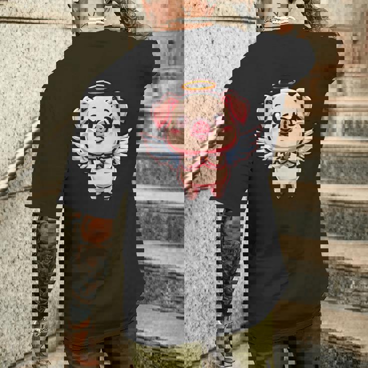 愛らしい天使の豚の漫画とハロー。 メンズTシャツ バックプリント 彼への贈り物