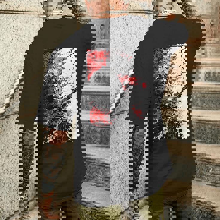 日本のクモユリ 侍 猫 グランジ 浮世絵 アニメアート メンズTシャツ バックプリント 彼への贈り物