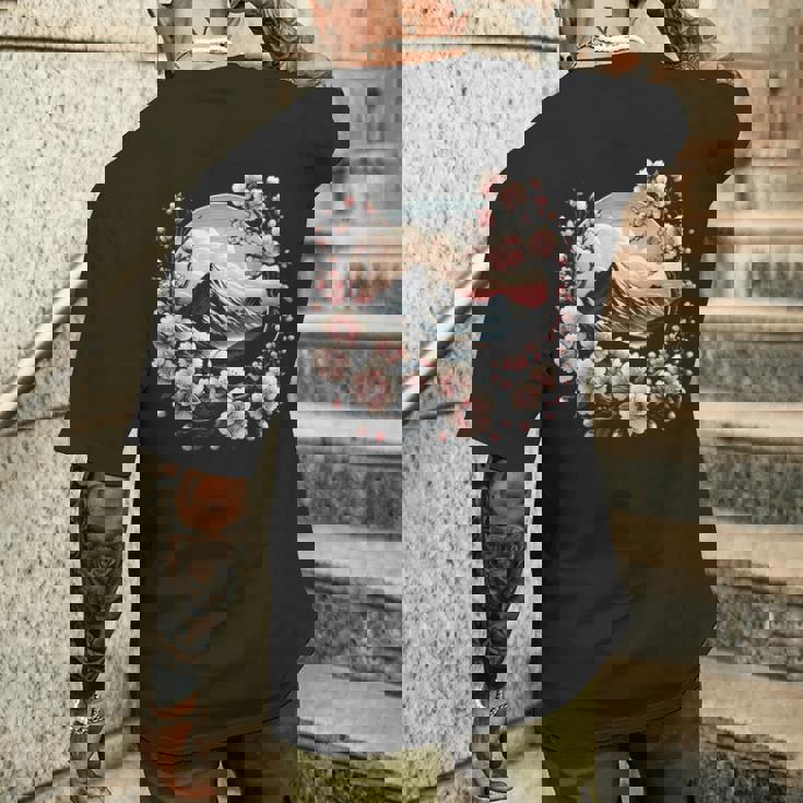 日本の桜 ピンク 桜 富士山 自然 アート メンズTシャツ バックプリント 彼への贈り物