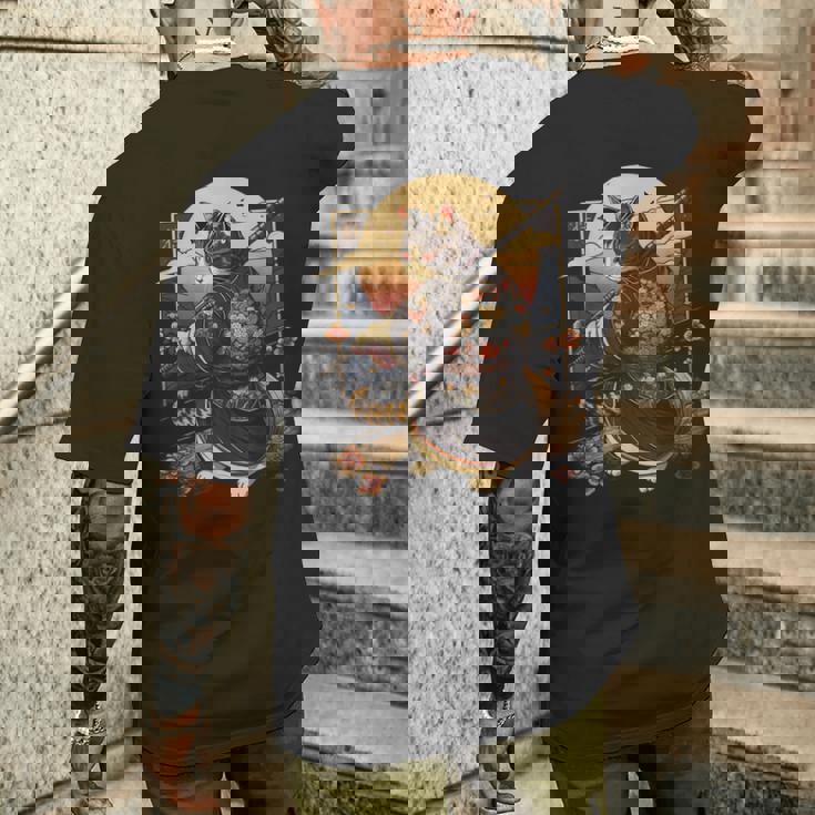 日本の芸術 猫 忍者 浮世絵 アニメスタイル サムライキャット メンズTシャツ バックプリント 彼への贈り物